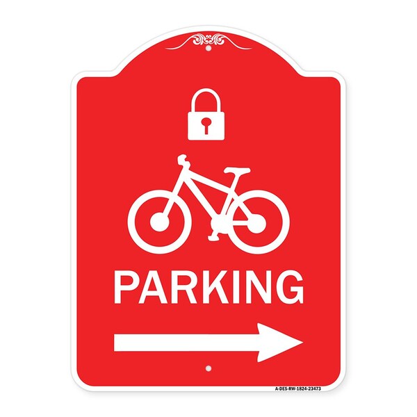 Parking W/ Lock Cycle & Right Arrow, Red & White Aluminum Sign, 18" x 24", RW-1824-23473